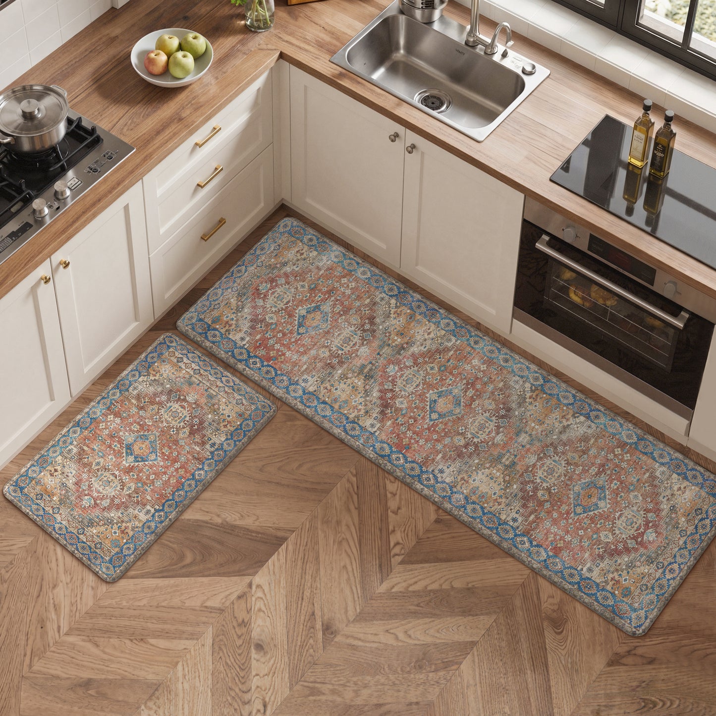 KUETH Kitchen Mats for Floor, Kitchen Rug with Anti Fatigue, Non Slip Washable Kitchen Rug, Set of 2 Kitchen Mat 17"x47"+17"x30", Runner Rug with Waterproof for Bathroon and Bedroom