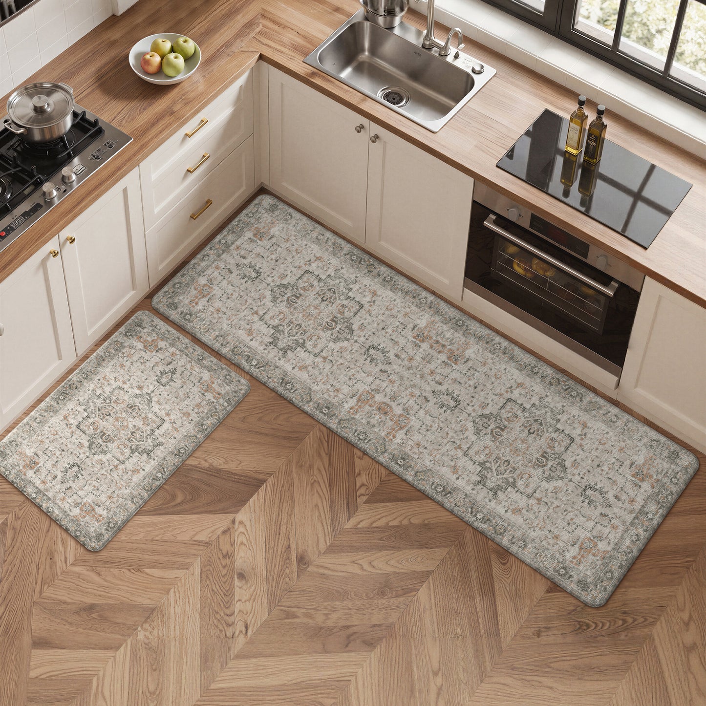 KUETH Kitchen Rug for Floor, Kitchen Mat Anti Fatigue, Non Slip Washable Kitchen Rug, Set of 2 Kitchen Mat 17"x47"+17"x30", Brown