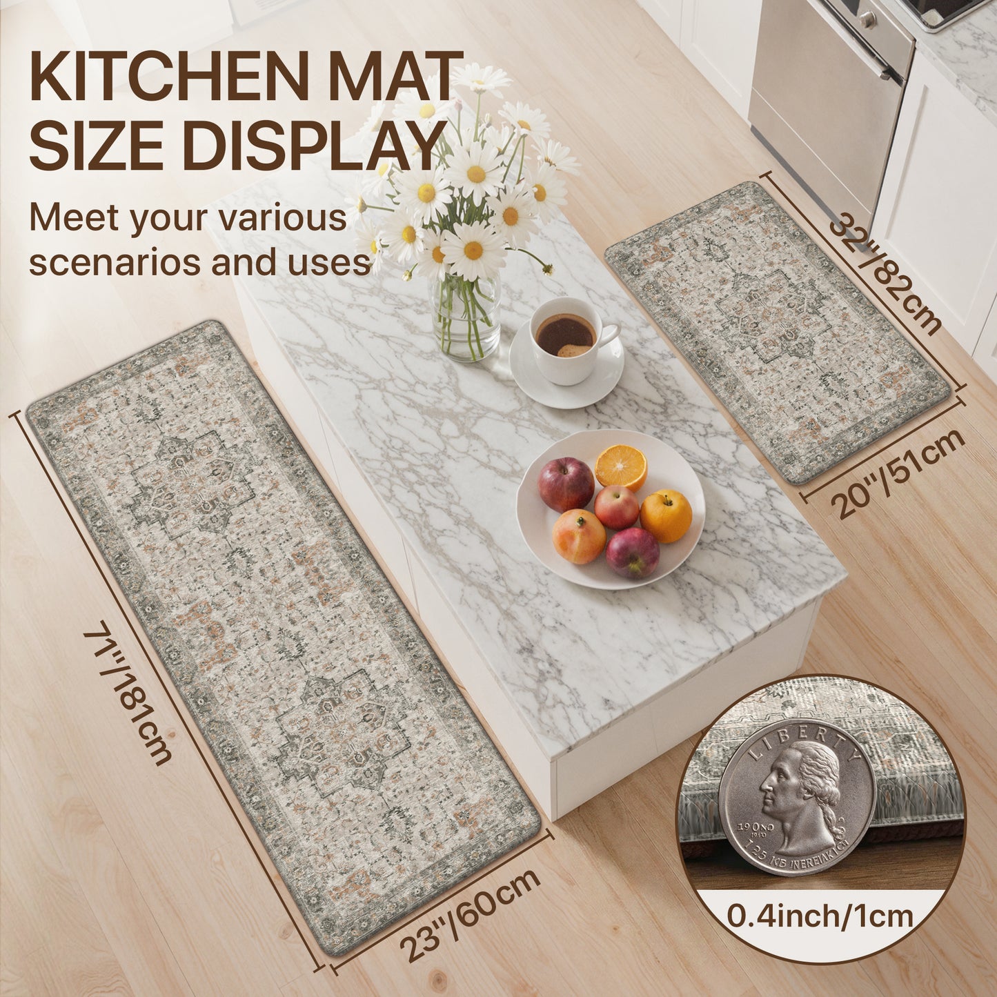 KUETH Kitchen Rug for Floor, Kitchen Mat Anti Fatigue, Non Slip Washable Kitchen Rug, Set of 2 Kitchen Mat 17"x47"+17"x30", Brown