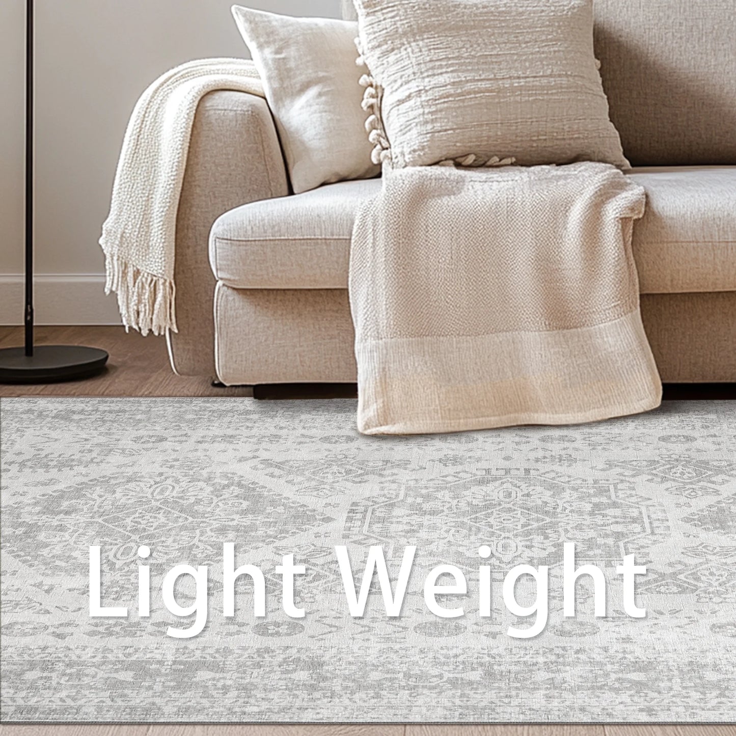 KUETH Area Rug Kitchen Runner Rugs 2x7 Machine Washable Bedroom Rugs Distressed Vintage Print Gray Large Throw Rug Dining Room Living Room Aesthetic, Non Slip Carpet with Gripper