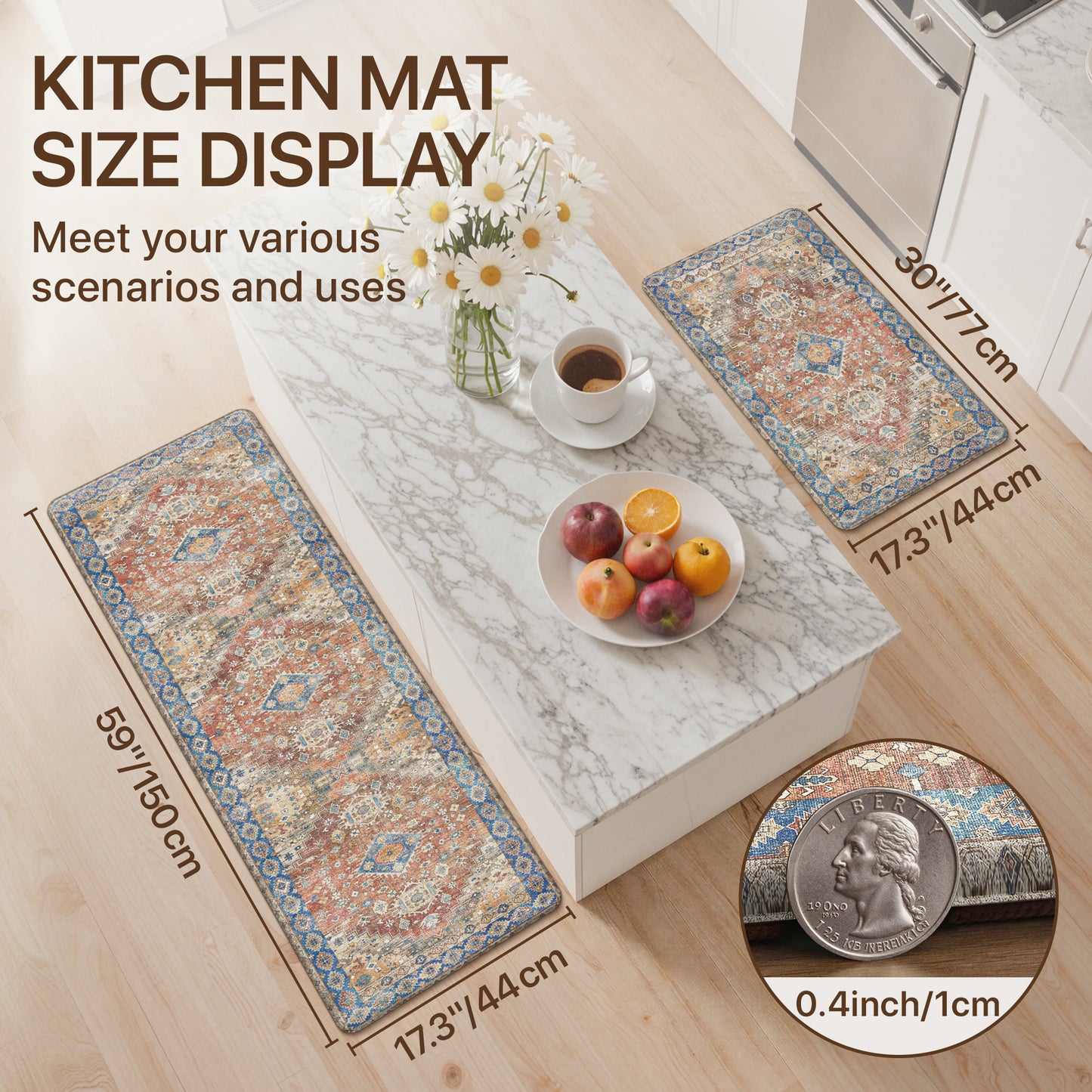 KUETH Kitchen Mats for Floor, Kitchen Rug with Anti Fatigue, Non Slip Washable Kitchen Rug, Set of 2 Kitchen Mat 17"x47"+17"x30", Runner Rug with Waterproof for Bathroon and Bedroom