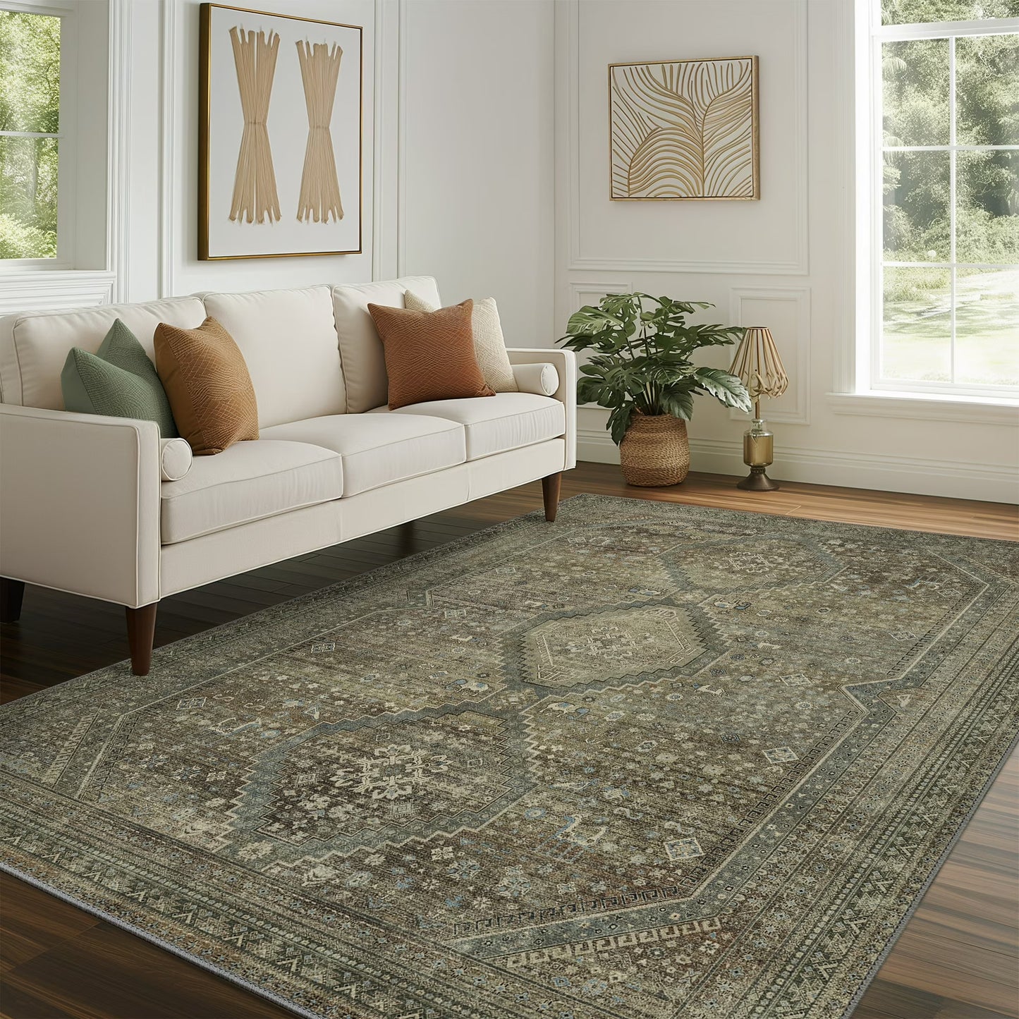 KUETH Area Rugs for Living Room 8x10 Machine Washable Bedroom Rugs Distressed Vintage Print Gray and Green Large Throw Rug Dining Room Aesthetic, Non Slip Carpet with Gripper