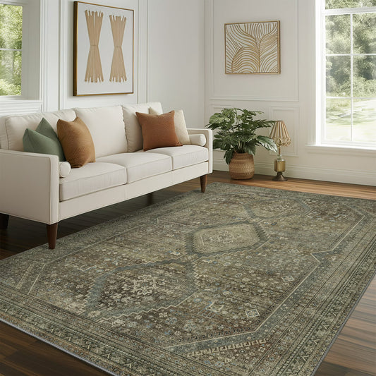 KUETH Area Rugs for Living Room 8x10 Machine Washable Bedroom Rugs Distressed Vintage Print Gray and Green Large Throw Rug Dining Room Aesthetic, Non Slip Carpet with Gripper