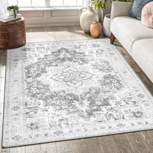 MCOW Area Rugs for Living Room, Non-Slip Machine Washable Vintage Retro Rug, Low Pile Chenille Print Rug for Bedroom Dining Room Home Office