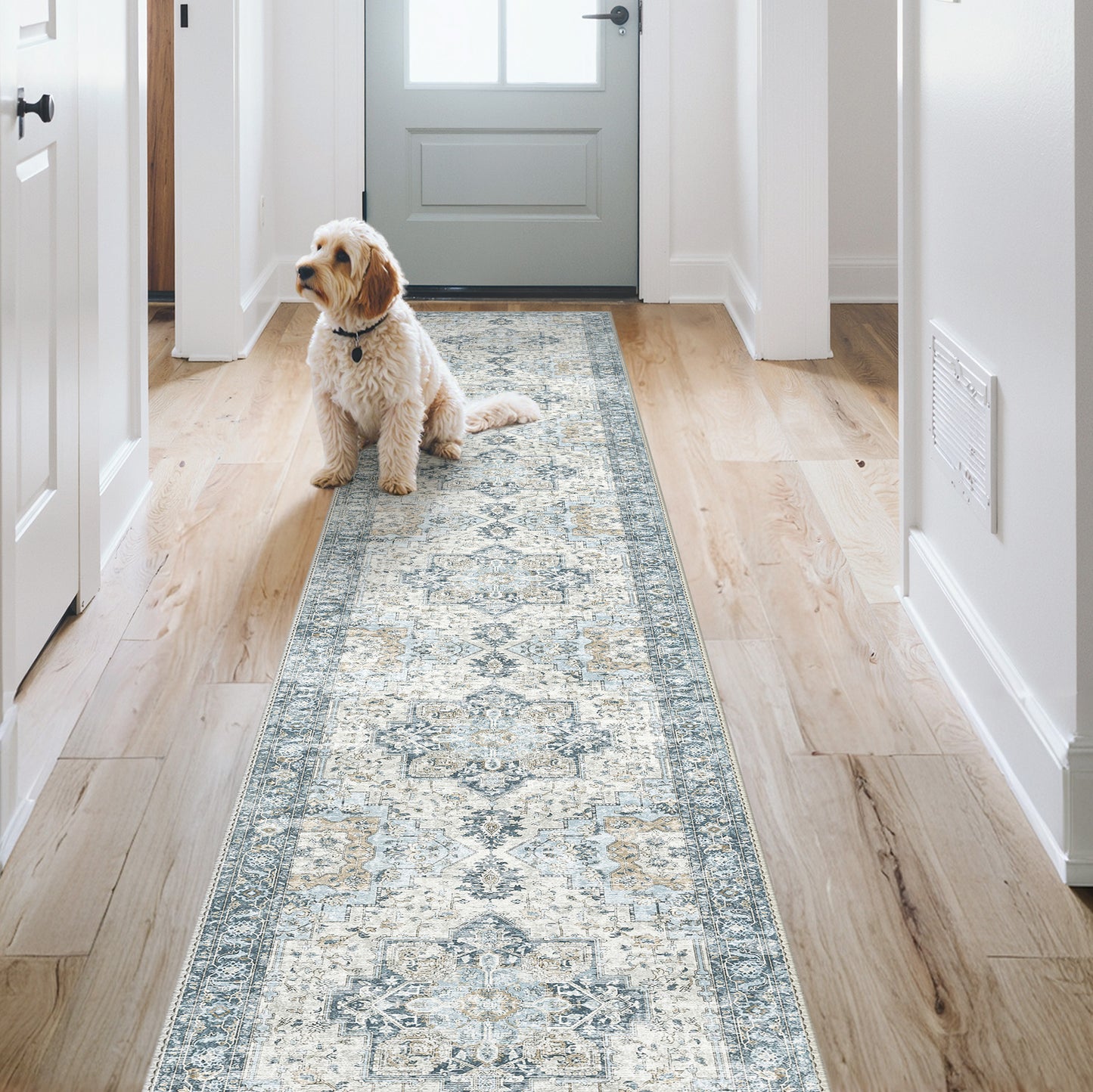 KUETH Modern 8x10 Area Rugs for Living Room, Non Slip Machine Washable Retro Rugs, Low Pile Chenille Print Rug for Bedroom, Dining Room, Home Office, Blue