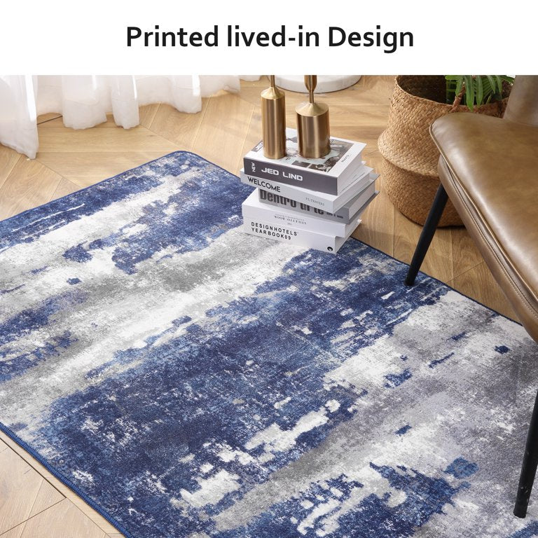 MCOW 2'x3' Area Rug Modern Abstract Rug Soft Washable Rugs for Living Room Decor Carpet for Bedroom Non Slip Dark Blue, Light Blue