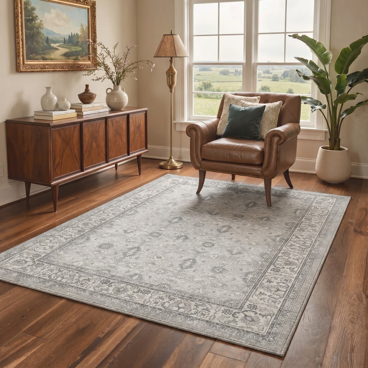 KUETH 8X10 Machine Washable Area Rug, Low Pile Non-Slip Backing Carpet for Living Room and Bedroom, Pet-Friendly Vintage Floral Medallion Rug, Gray