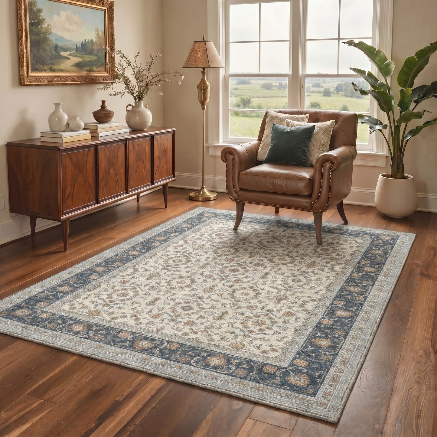 KUETH 8X10 Machine Washable Area Rug, Low Pile Non-Slip Backing Carpet for Living Room and Bedroom, Pet-Friendly Vintage Floral Medallion Rug, Blue