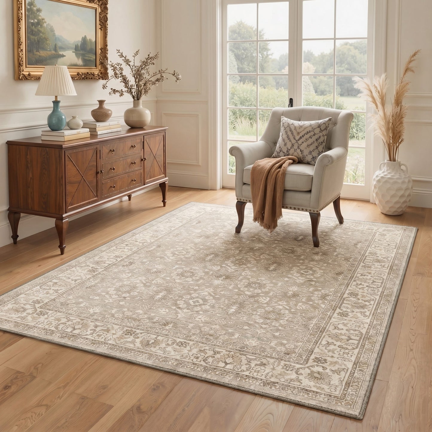 KUETH 8X10 Machine Washable Area Rug, Low Pile Non-Slip Backing Carpet for Living Room and Bedroom, Pet-Friendly Vintage Floral Medallion Rug, Beige