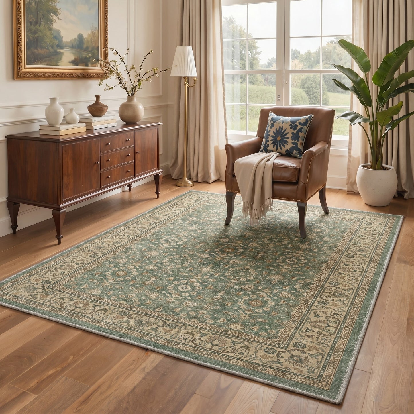 KUETH 8X10 Machine Washable Area Rug, Low Pile Non-Slip Backing Carpet for Living Room and Bedroom, Pet-Friendly Vintage Floral Medallion Rug, Green
