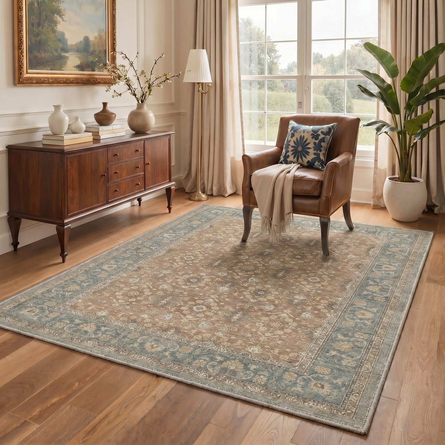 KUETH 8X10 Machine Washable Area Rug, Low Pile Non-Slip Backing Carpet for Living Room and Bedroom, Pet-Friendly Vintage Floral Medallion Rug, Red Fish