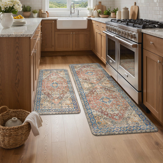 KUETH Kitchen Mats for Floor, Kitchen Rug with Anti Fatigue, Non Slip Washable Kitchen Rug, Set of 2 Kitchen Mat 17"x47"+17"x30", Runner Rug with Waterproof for Bathroon and Bedroom