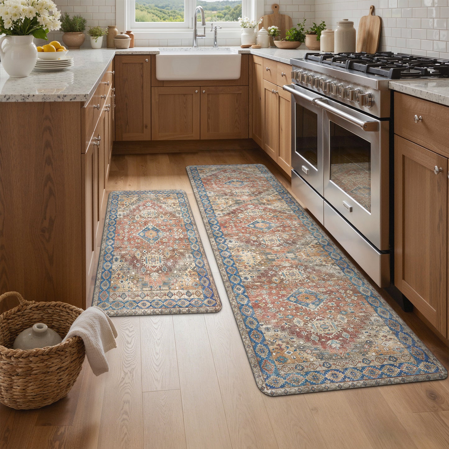 KUETH Kitchen Mats for Floor, Kitchen Rug with Anti Fatigue, Non Slip Washable Kitchen Rug, Set of 2 Kitchen Mat 17"x47"+17"x30", Runner Rug with Waterproof for Bathroon and Bedroom