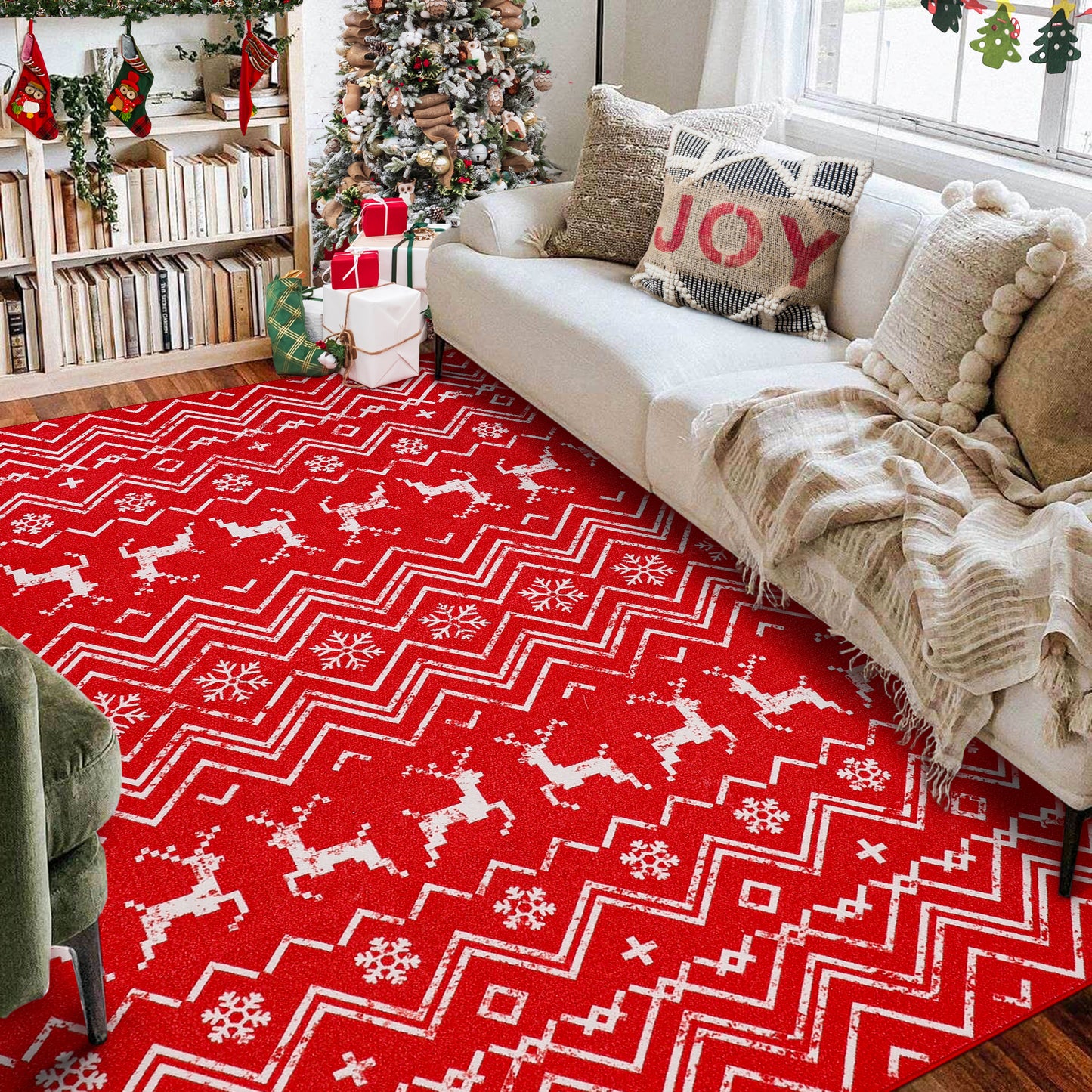 MCOW Area Rugs for Living Room Christmas Rug, Large Machine Washable Bedroom Holiday Decor Diamond Floor Cover Accent Dining Room Rug Aesthetic, Non Slip Carpet with Gripper