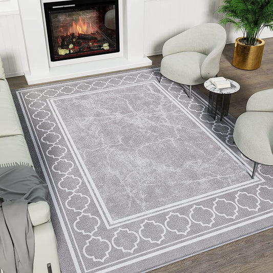 KUETH Area Rugs for Living Room, Non-Slip Washable Vintage Indoor Rugs Suitable for Bedroom, Geometric Print Carpet Chenille Mat Kitchen Bathroom Dining Room (Gray/White)