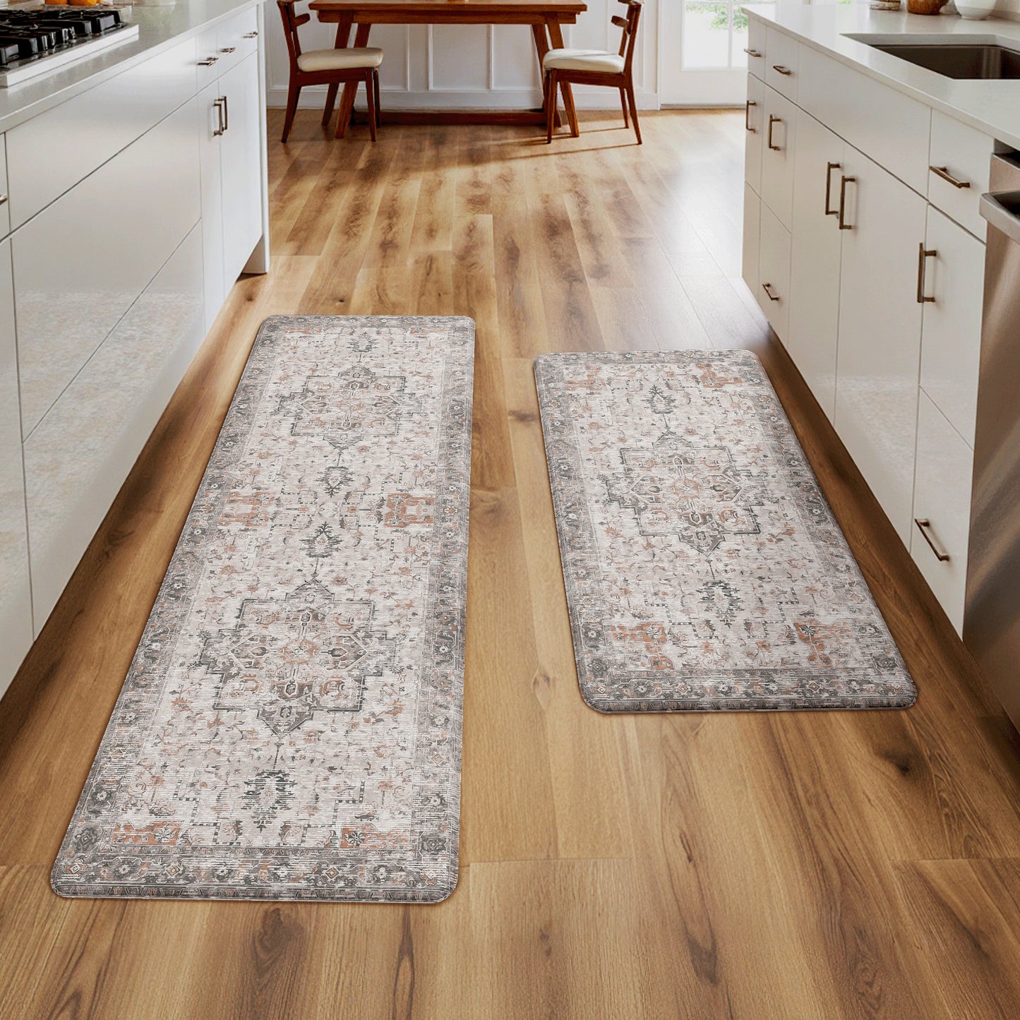 KUETH Kitchen Rug for Floor, Kitchen Mat Anti Fatigue, Non Slip Washable Kitchen Rug, Set of 2 Kitchen Mat 17"x47"+17"x30", Brown