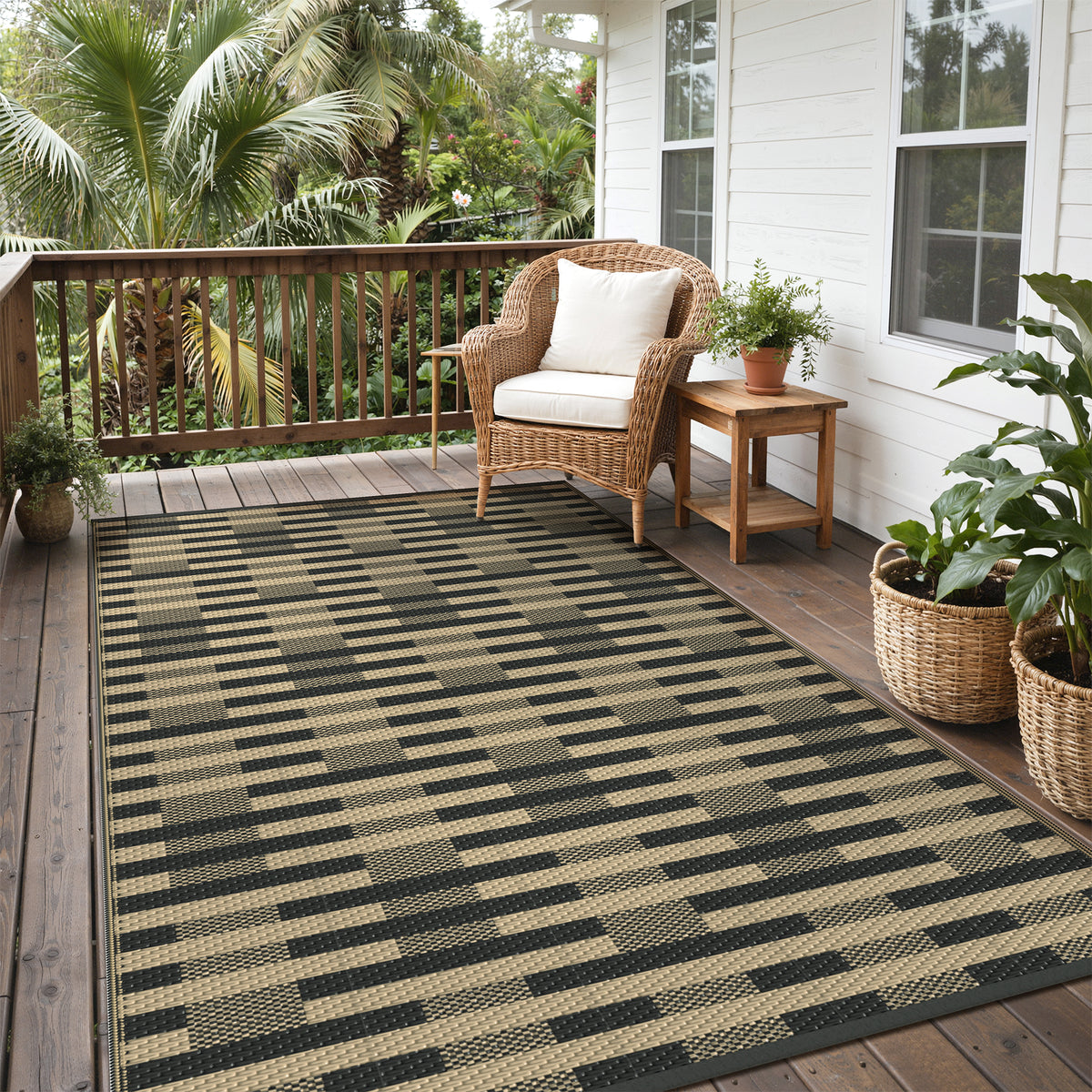 KUETH 6'x 9' Black and Beige Outdoor Plastic Rug Foldable Waterproof UV Resistant Reversible Outdoor Patio Geometric RV Deck Camping Rug