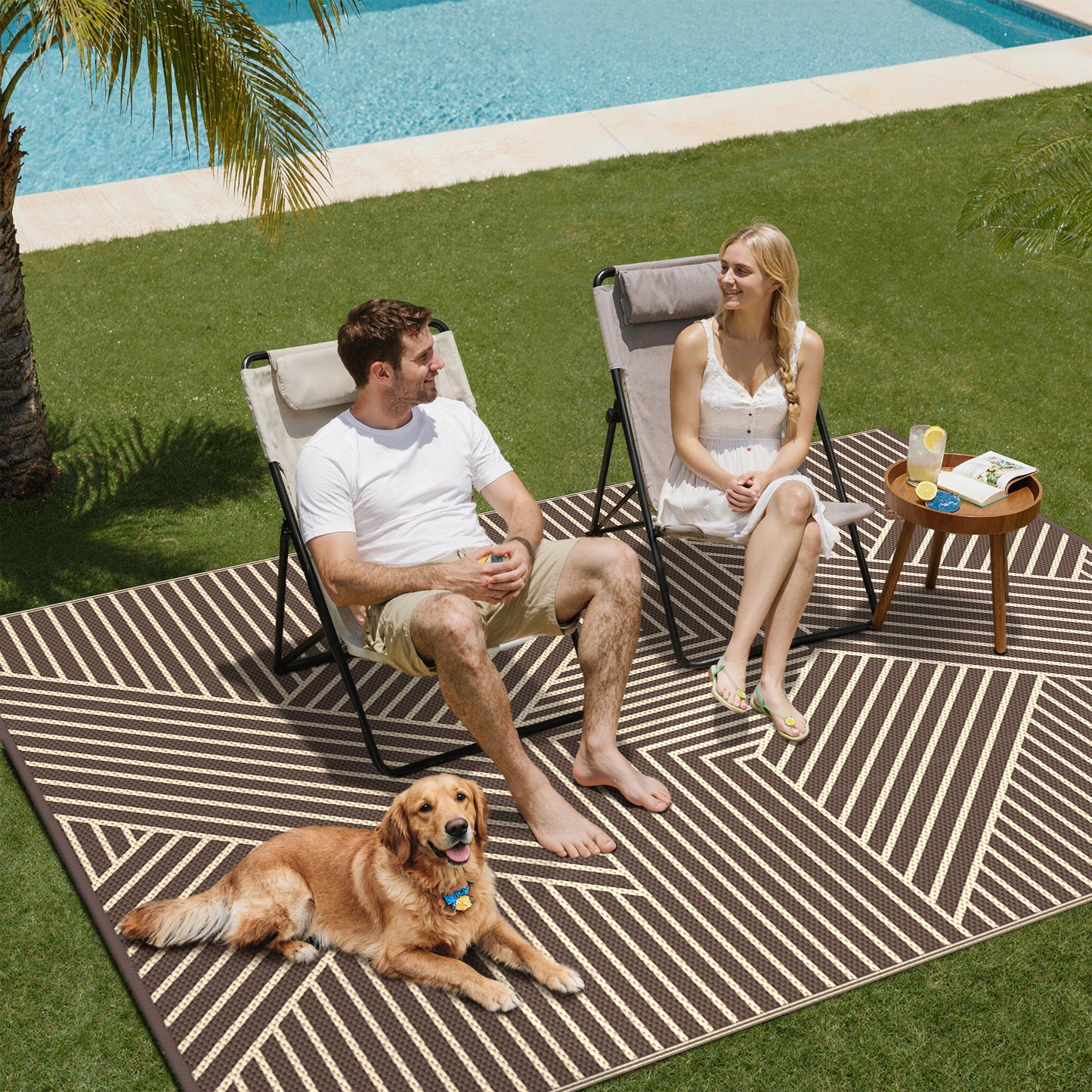 KUETH 8'x 10' Outdoor Rug Plastic Foldable Waterproof Outside Carpet UV Resistant Geometric Patio RV Deck Mat,COFFEE BEIGE
