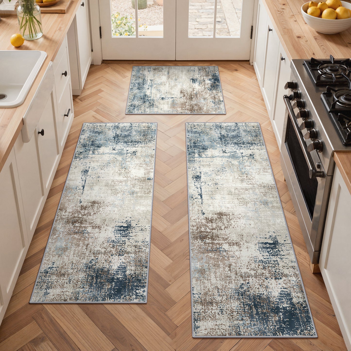 KUETH Kitchen Mats for Floor,Sets of 3 Non Slip Washable Abstract Kitchen Rugs 20"x32"+20"x48"+20"x59", Kitchen Runner Rug with Waterproof for Hallway, Laundry, Bathroon and Bedroom