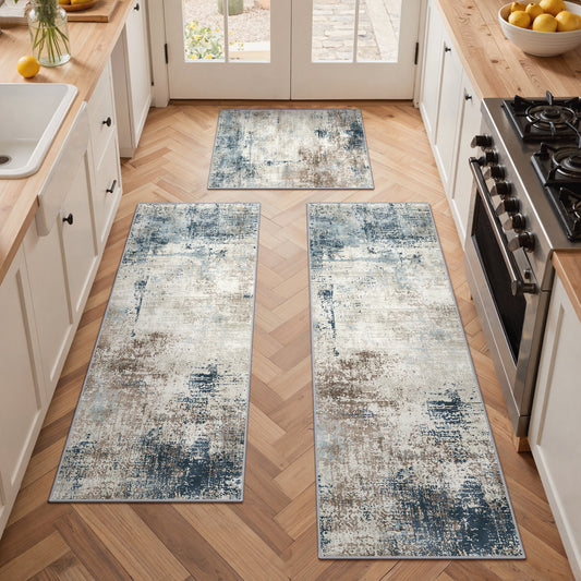 KUETH Kitchen Mats for Floor,Sets of 3 Non Slip Washable Abstract Kitchen Rugs 20"x32"+20"x48"+20"x59", Kitchen Runner Rug with Waterproof for Hallway, Laundry, Bathroon and Bedroom