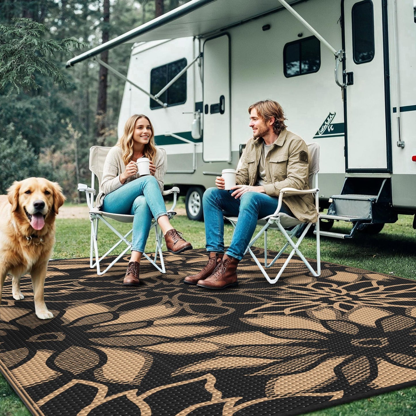 KUETH 8'x10' Outdoor Rug Waterproof Plastic Reversible Floral Patio Camping Outside Carpet,Black Brown