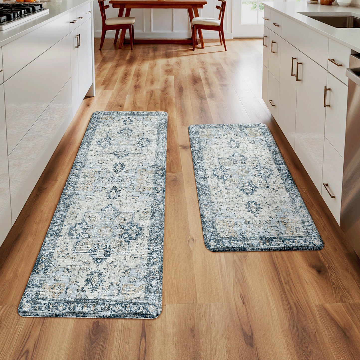 KUETH Kitchen Rug for Floor, Kitchen Mat Anti Fatigue, Non Slip Washable Kitchen Rug, Set of 2 Kitchen Mat 17"x59"+17"x30", Blue
