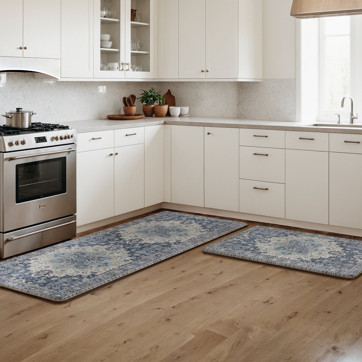 KUETH Kitchen Mats for Floor, Kitchen Rug with Anti Fatigue, Non Slip Washable Kitchen Rug, Set of 2 Kitchen Mat 17"x47"+17"x30", Runner Rug with Waterproof for Bathroon and Bedroom