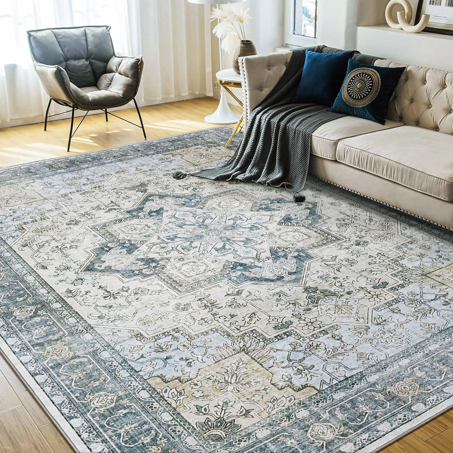 Masiis Area Rugs Machine Washable Vintage Distressed Print Blue Floral Medallion Accent Bedroom Living Room Throw Rug, Low Pile Ultra-Thin Lightweight Non Slip with Gripper