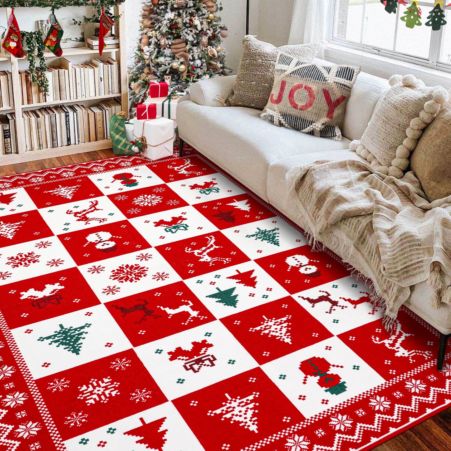 MCOW Area Rugs for Living Room Christmas Rug, Large Machine Washable Bedroom Holiday Decor Print Plaid Floor Cover Accent Dining Room Rug Aesthetic, Non Slip Low Pile Carpet with Gripper