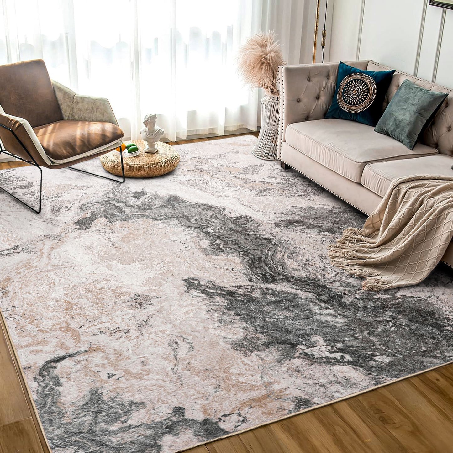 MCOW Area Rugs for Bedroom Abstract Machine Washable Vintage Rugs Distressed Modern Print Throw Rug for Living Room Aesthetic, Non Slip Carpet with Gripper