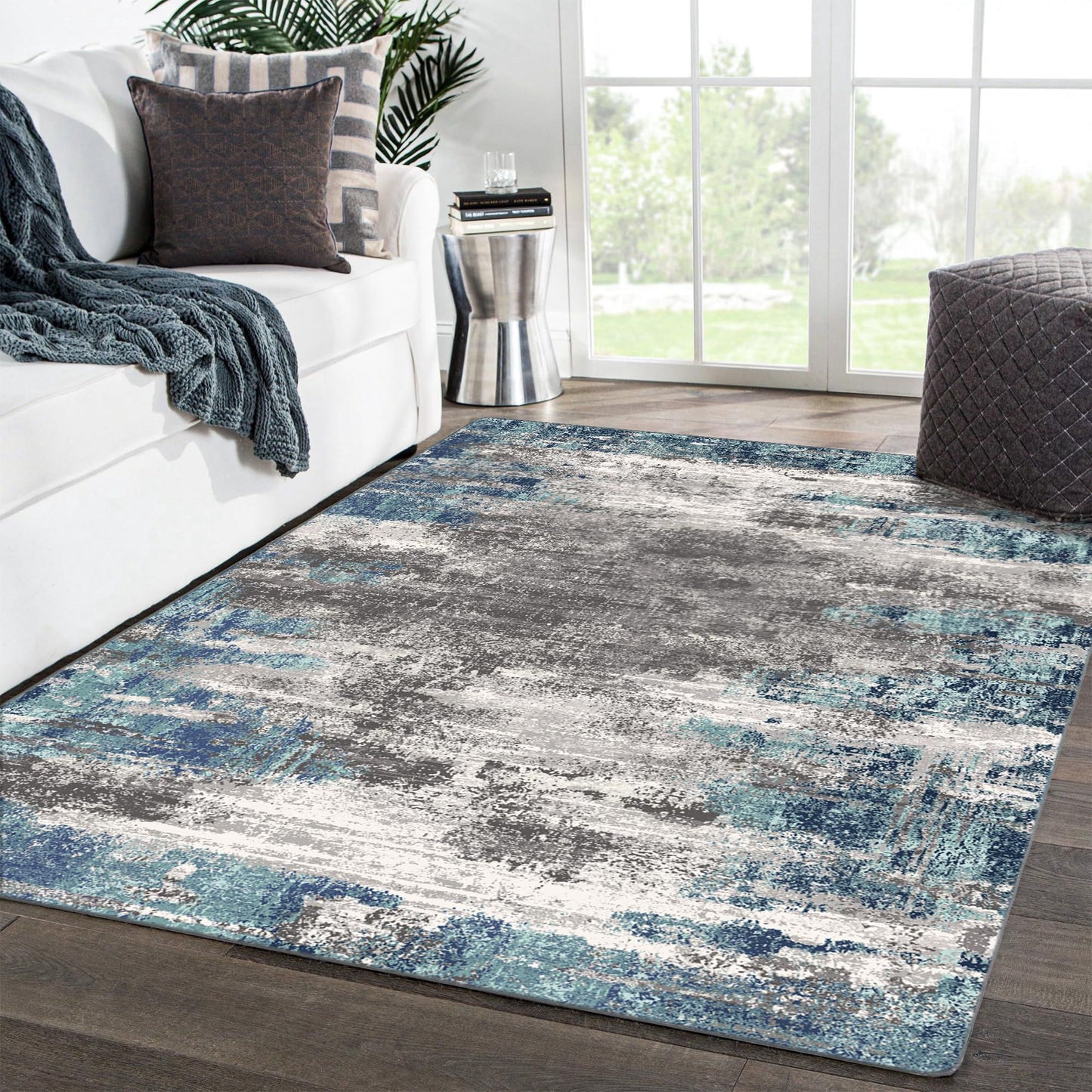 MCOW Area Rugs for Bedroom Abstract Machine Washable Vintage Rugs Distressed Modern Print Throw Rug for Living Room Aesthetic, Non Slip Carpet with Gripper