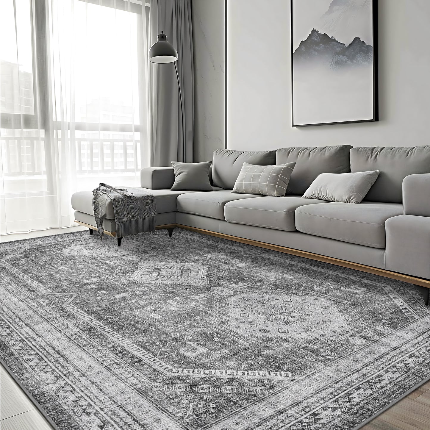 KUETH Area Rug Living Room Clearance, Non Slip Indoor Vogue Area Rugs, Low Pile Chenille Large Print Mat for Bedroom Dining Room Home Office and Hall, Gray