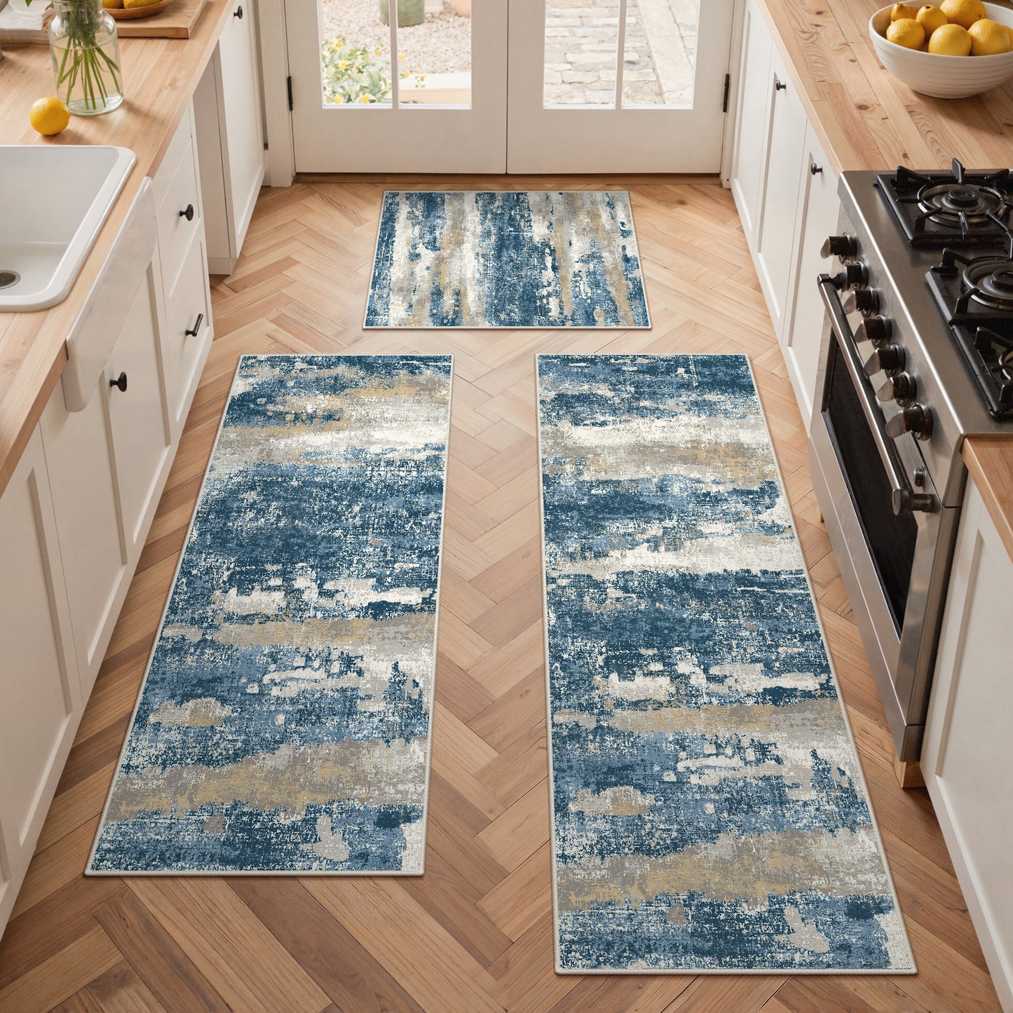 KUETH Kitchen Mats for Floor,Sets of 3 Non Slip Washable Abstract Kitchen Rugs 20"x32"+20"x48"+20"x59", Kitchen Runner Rug with Waterproof for Hallway, Laundry, Bathroon and Bedroom