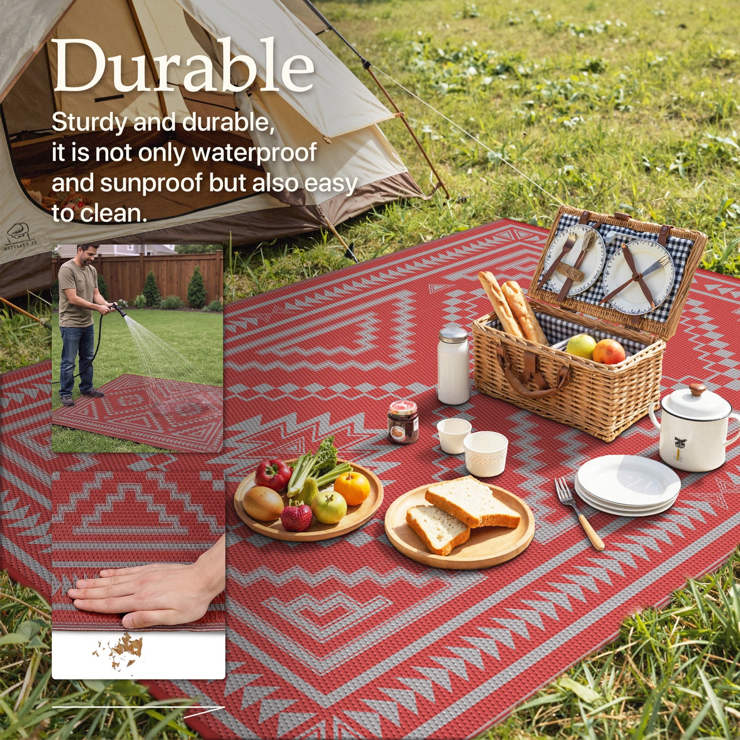 KUETH 6' x 9' Outdoor Rug Waterproof for Patio Carpet Plastic Reversible Straw Outdoor Rug for Camping Picnic Geometric Mat ,RED & GREY