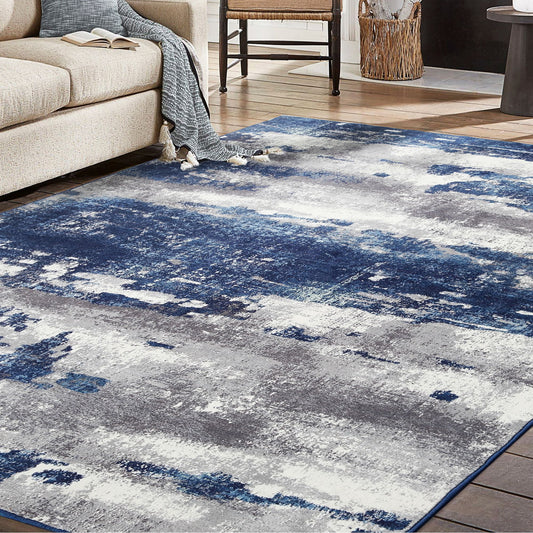 MCOW Area Rugs for Living Room Large Modern Machine Washable Vintage Rugs Distressed Abstract Print Blue Throw Rug for Bedroom Aesthetic, Non Slip Carpet with Gripper