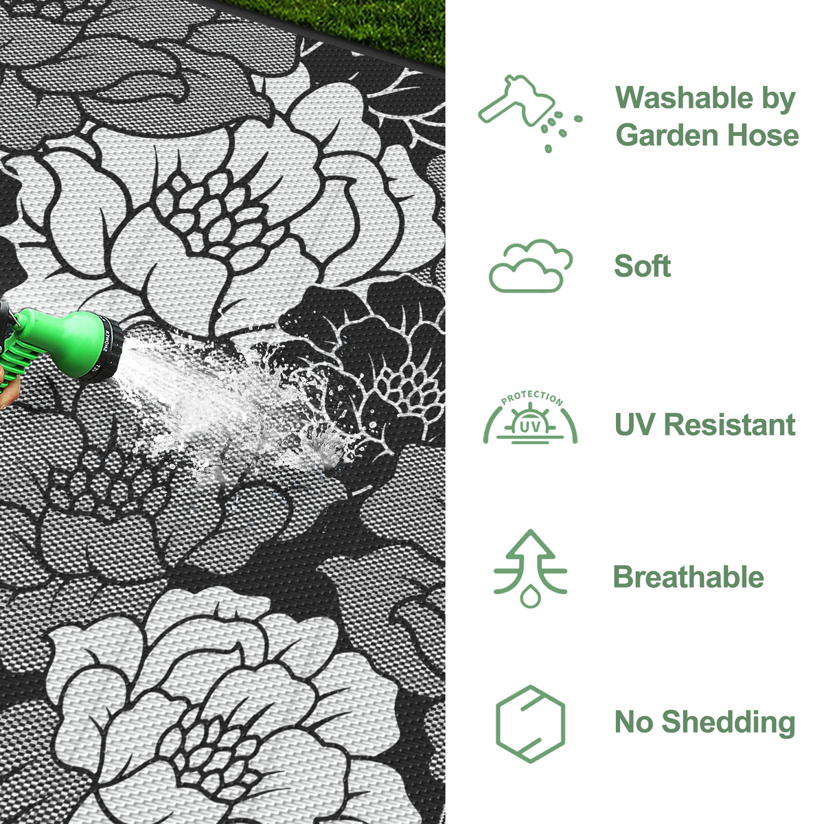 KUETH 6'x 9' Outdoor Rug Plastic Waterproof Outside Foldable Flower Mat UV Resistant Patio RV Deck Carpet,Black White