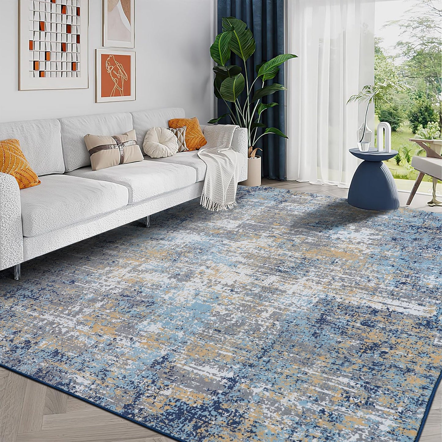 MCOW Area Rugs for Bedroom Abstract Machine Washable Vintage Rugs Distressed Modern Print Throw Rug for Living Room Aesthetic, Non Slip Carpet with Gripper