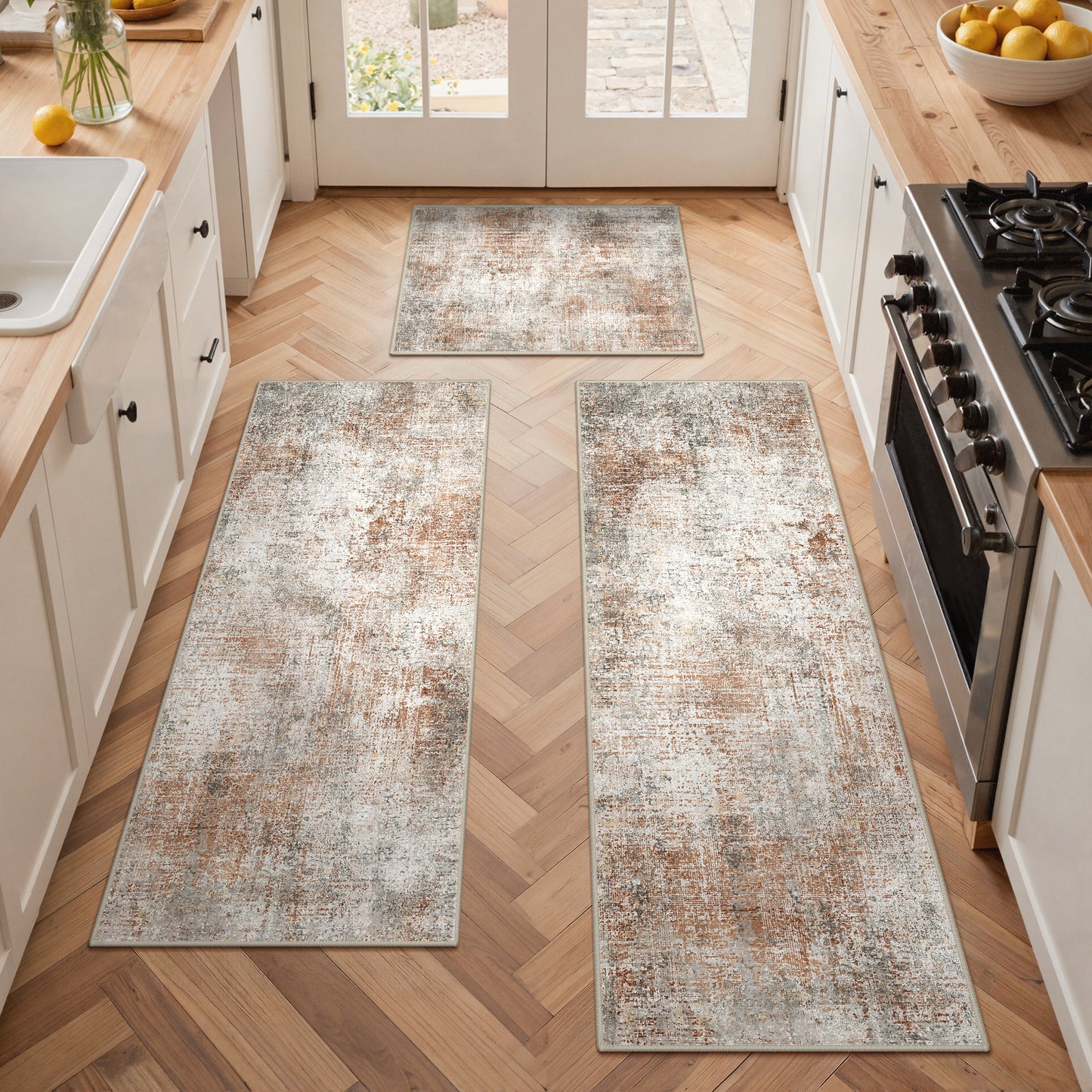 KUETH Kitchen Mats for Floor,Sets of 3 Non Slip Washable Abstract Kitchen Rugs 20"x32"+20"x48"+20"x59", Kitchen Runner Rug with Waterproof for Hallway, Laundry, Bathroon and Bedroom