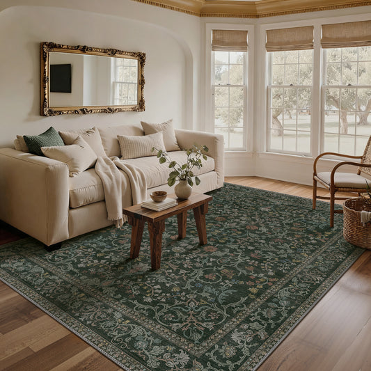 KUETH 8'x10' Area Rugs for Living Room, Non Slip Machine Washable Vintage Indoor Rug, Low Pile Chenille Print Rug for Bedroom Dining Room Home Office