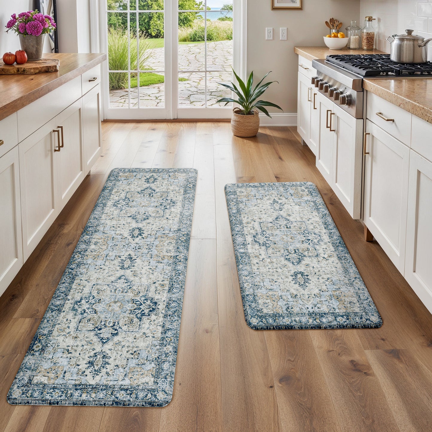 KUETH Kitchen Rug for Floor, Kitchen Mat Anti Fatigue, Non Slip Washable Kitchen Rug, Set of 2 Kitchen Mat 17"x59"+17"x30", Blue