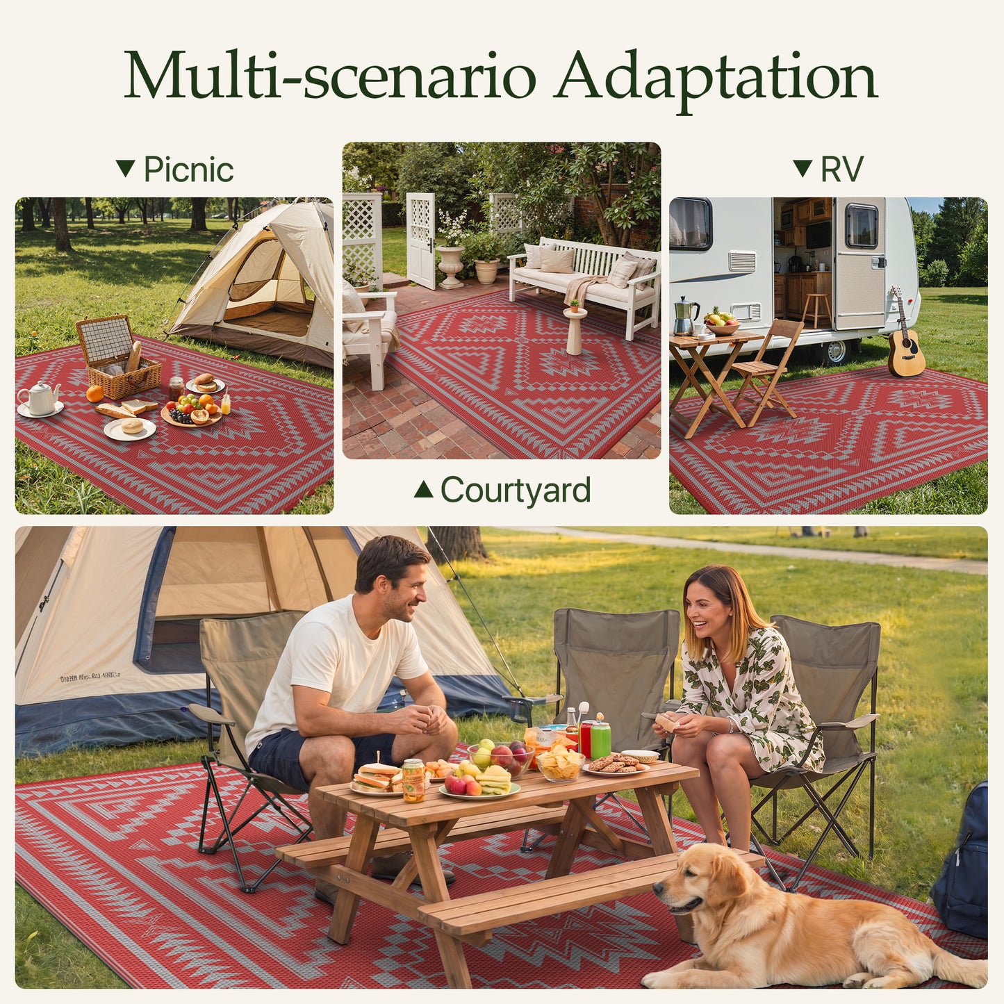 KUETH 8' x 10' Outdoor Rug Waterproof for Patio Carpet Plastic Reversible Straw Outdoor Rug for Camping Picnic Geometric Mat ,RED & GREY