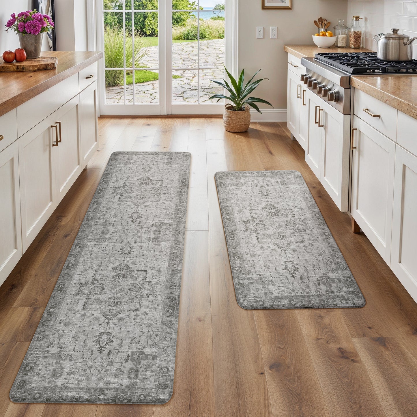 KUETH Kitchen Mats for Floor, Kitchen Rug with Anti Fatigue, Non Slip Washable Kitchen Rug, Set of 2 Kitchen Mat 17"x47"+17"x30", Runner Rug with Waterproof for Bathroon and Bedroom