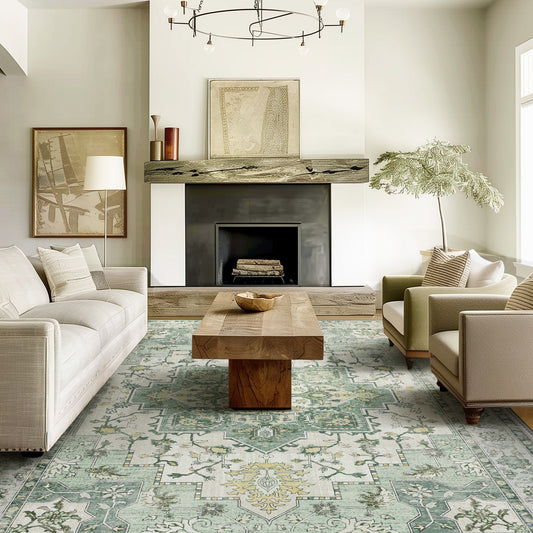 Machine Washable Oriental Green / Ivory Area Rug
