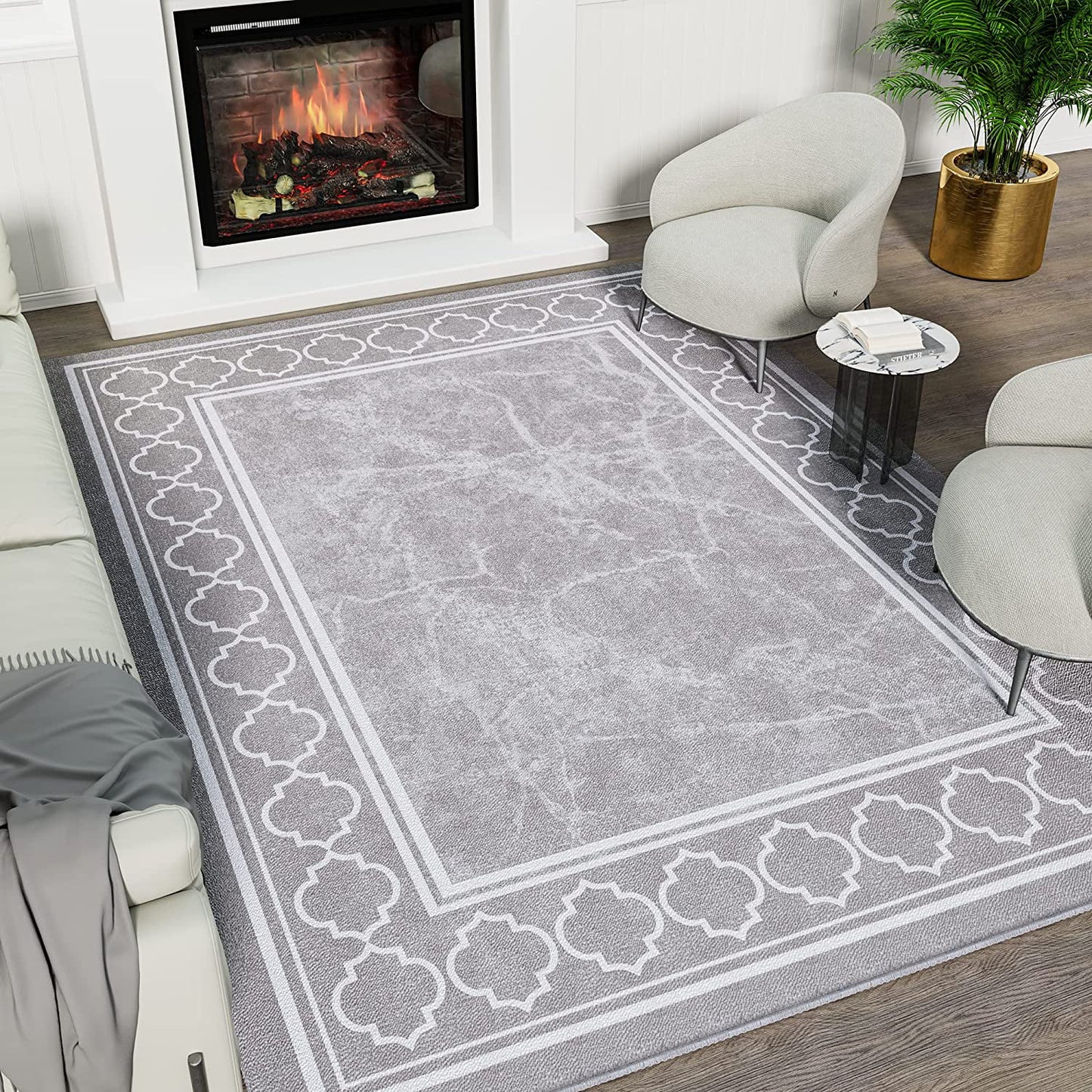 MCOW 2'x3' Area Rugs for Living Room，Non-Slip Washable Indoor Rugs for Bedroom,Geometric Print Carpet Chenille Mat Kitchen Bathroom Dining Room (Gray/White)