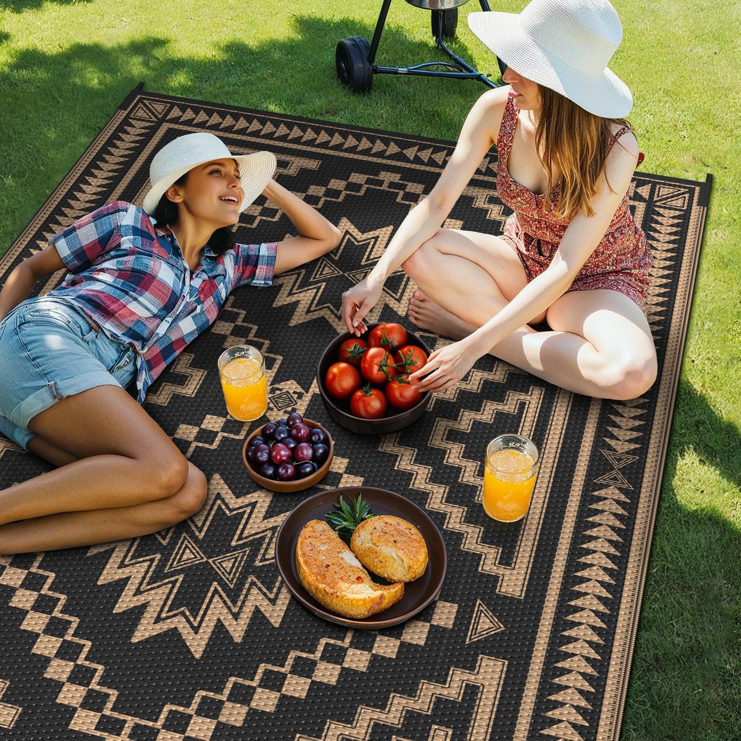KUETH 5' x 8' Outdoor Rug Waterproof for Patio Carpet Plastic Reversible Straw Outdoor Rug for Camping Picnic Geometric Mat ,Black & Brown