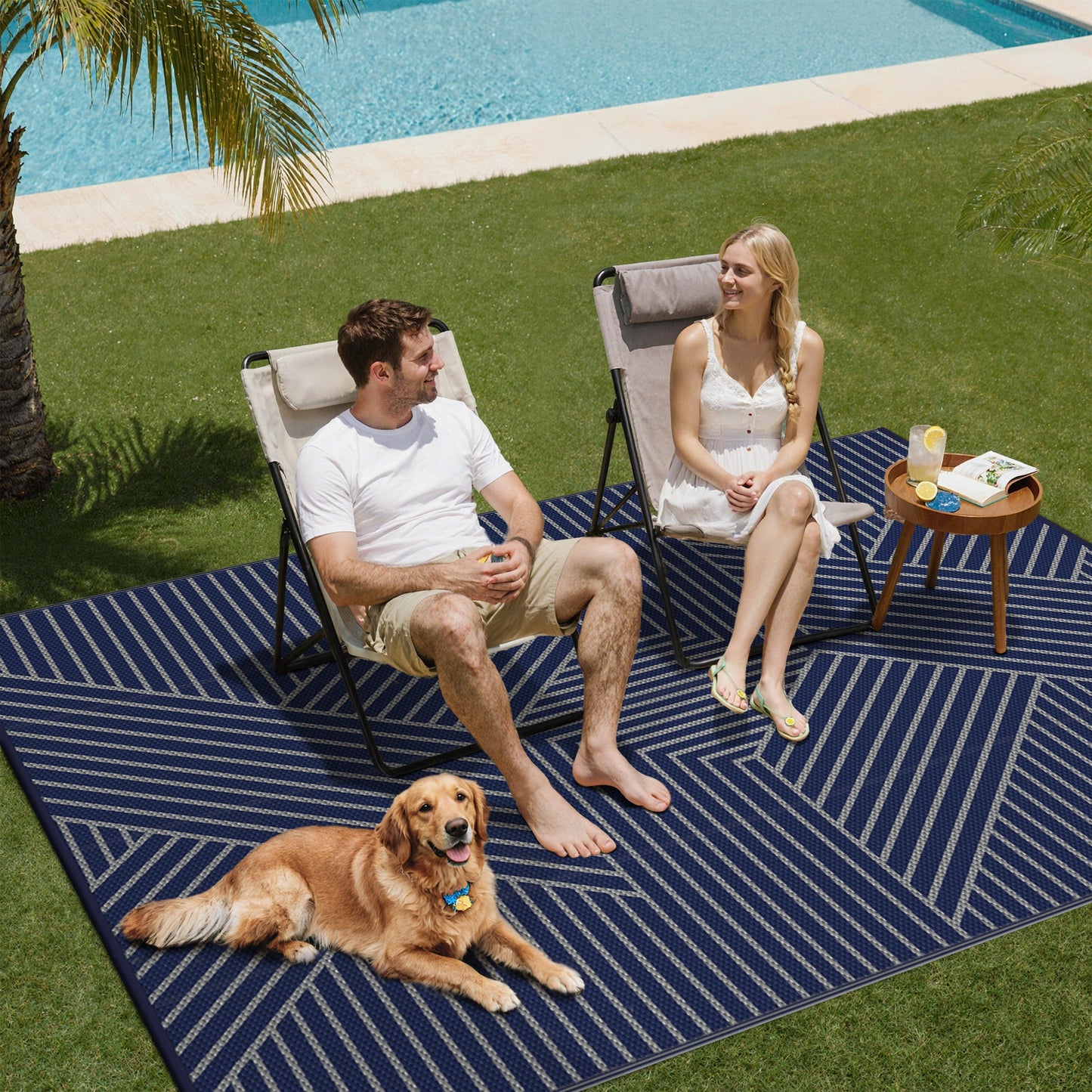 KUETH 9'x 12' Outdoor Rug Plastic Foldable Waterproof Outside Carpet UV Resistant Geometric Patio RV Deck Mat,BLUE GREY