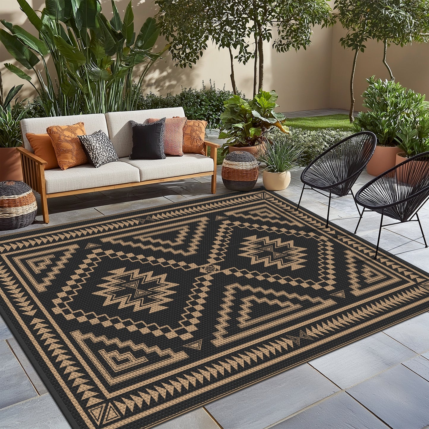 KUETH 5' x 8' Outdoor Rug Waterproof for Patio Carpet Plastic Reversible Straw Outdoor Rug for Camping Picnic Geometric Mat ,Black & Brown