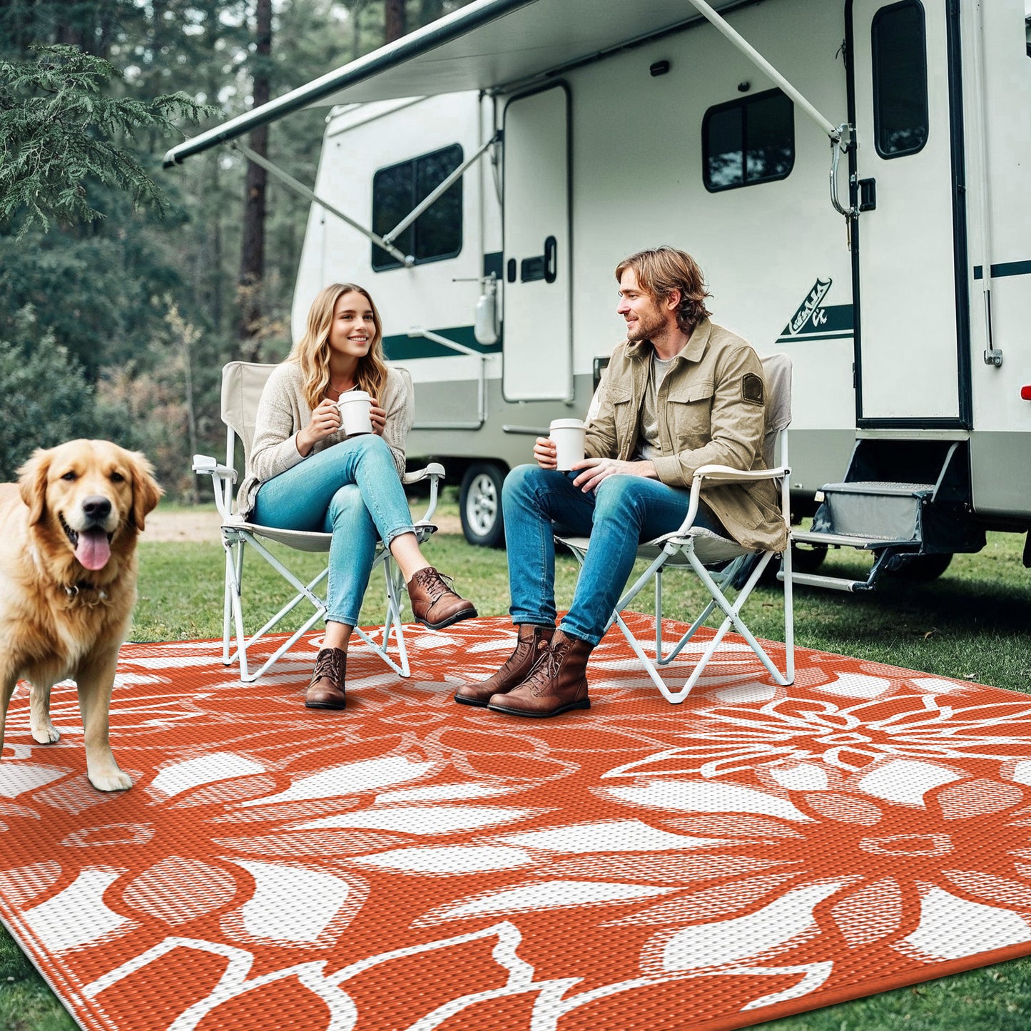 KUETH 6'x9' Outdoor Rug Waterproof Plastic Reversible Floral Patio Camping Outside Carpet,Orange White
