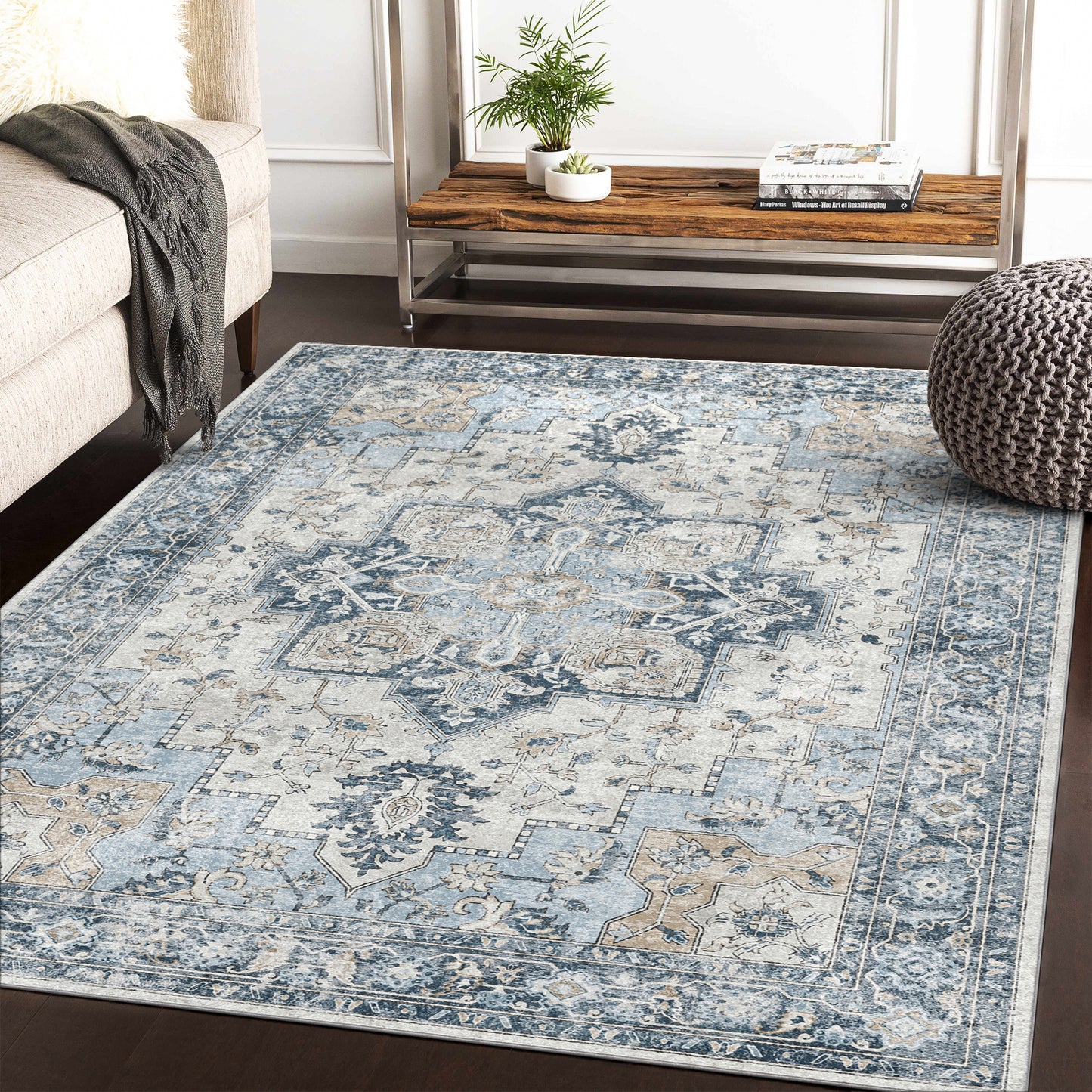 KUETH Modern Area Rugs for Living Room, Non Slip Machine Washable Retro Rugs, Low Pile Chenille Print Rug for Bedroom, Dining Room, Home Office, Blue