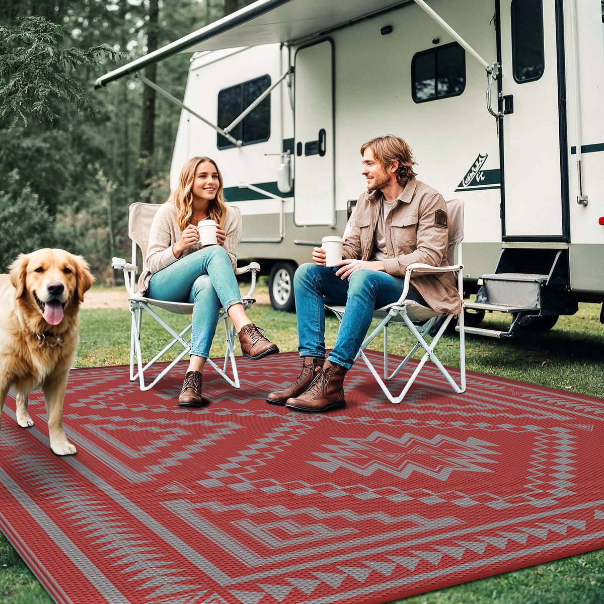 KUETH 6' x 9' Outdoor Rug Waterproof for Patio Carpet Plastic Reversible Straw Outdoor Rug for Camping Picnic Geometric Mat ,RED & GREY